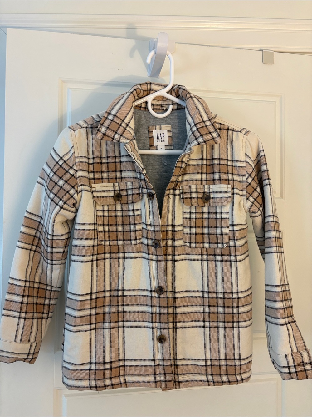 GAP Cream and Brown Plaid Kids' Shacket (M)